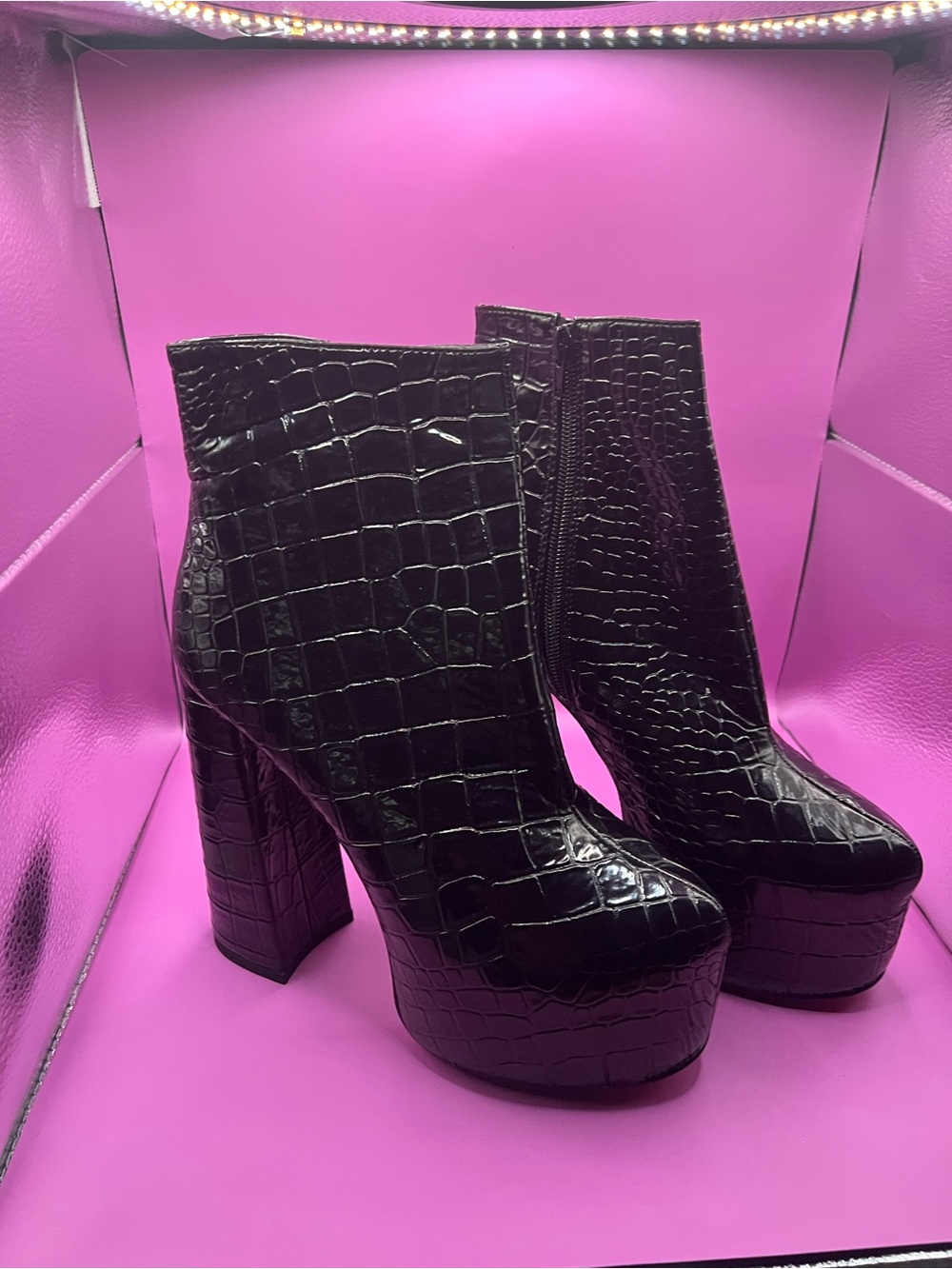 Black Croc-Embossed Platform Ankle Boots